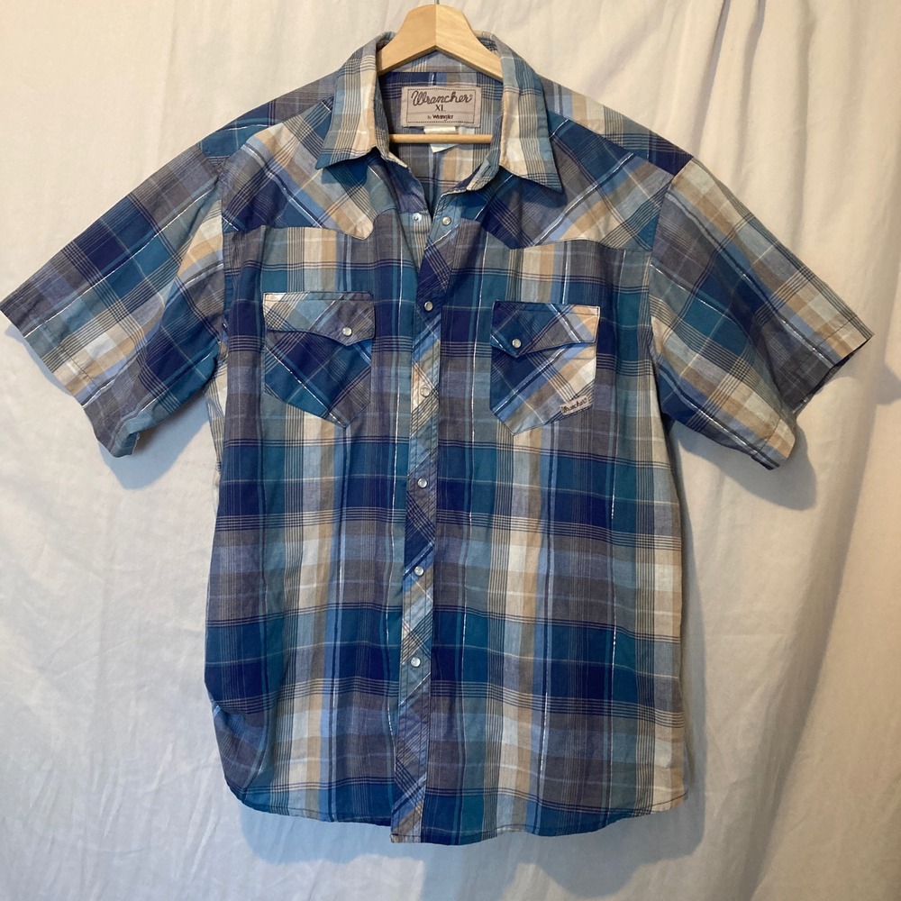 Vintage 70s Wrancher by Wrangler Blue Plaid Pearl Snap Western Shirt XL Mens